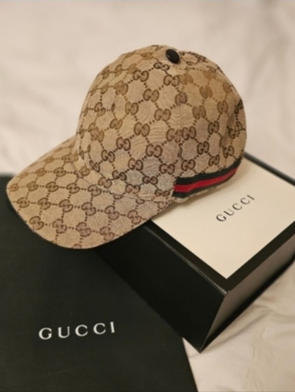 Gucci Beige GG Canvas Baseball Cap with Red and Green Stripe